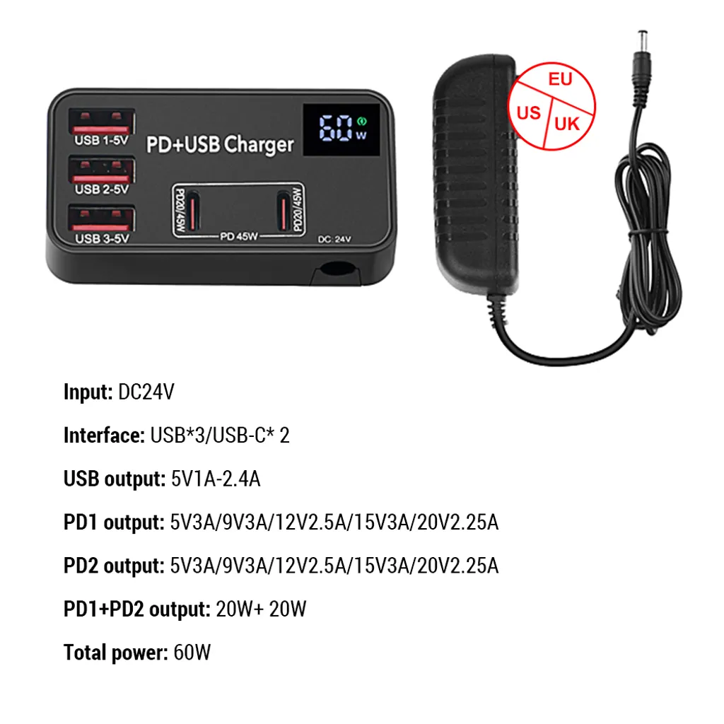 Chargeur USB C PD 65W, Station de Charge Rapide avec Ports Multiples