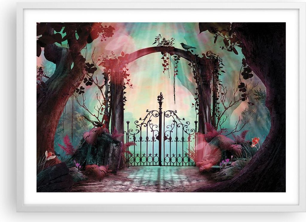 Gerahmtes Poster - Weißer Rahmen - Fantasie Tor Garten - 70x50 cm - Wand Bild - Wanddeko - Wandbilder - Kunstposter - Wandposter - Bilderrahmen - ...