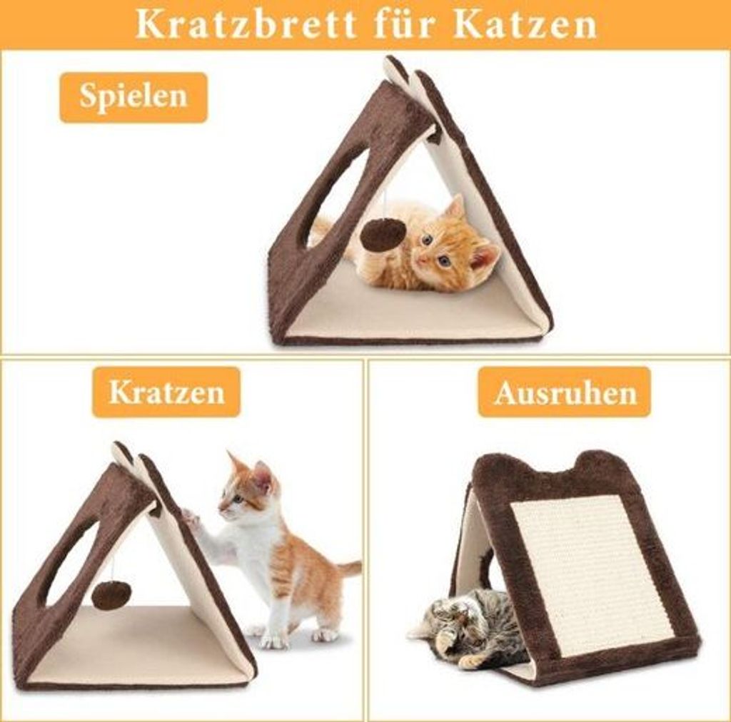 3-in-1 Kratzbrett Für Katzen - Dreieck Katzenhaus Mit Spielball Zum Kratzen & Ausruhen