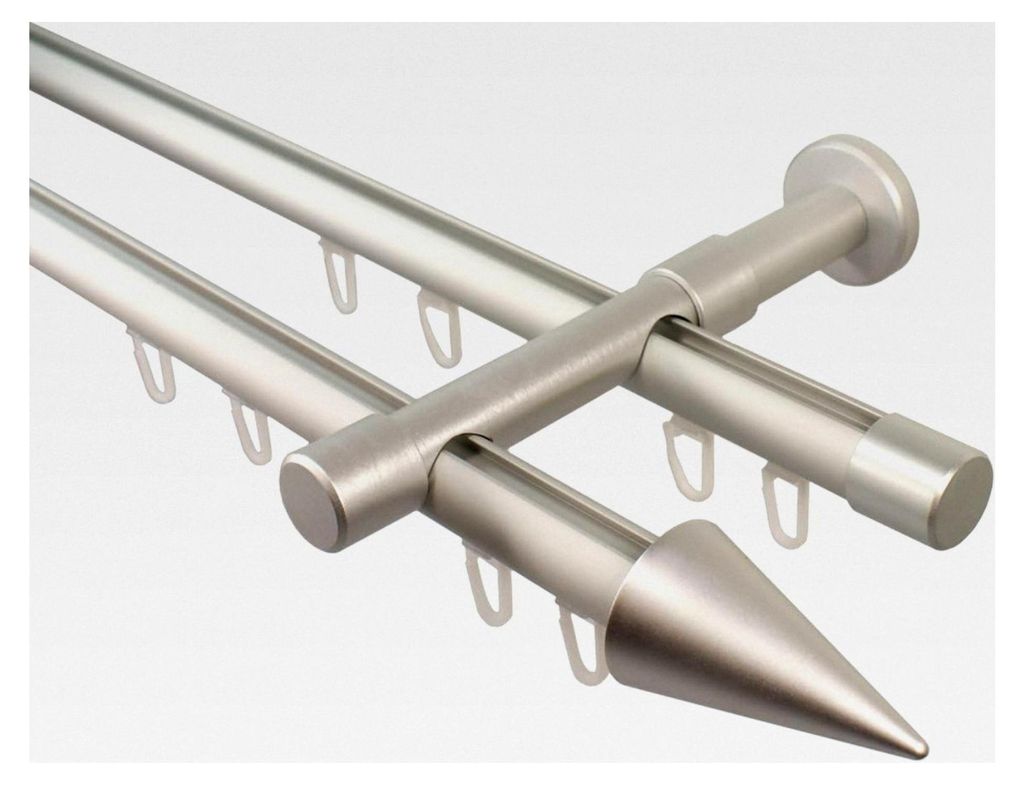 Gardinenstange Aluminium silber mit Innenlauf 2-läufig 20 mm Endstück Spitze, 240 cm (2 x 120 cm)