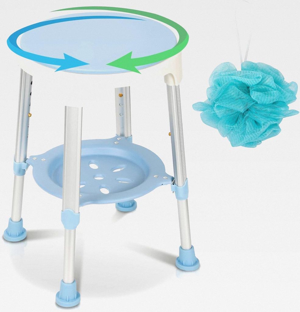 Duschhocker,360°Drehbarer Duschstuhl mit Ablagefach und Badekugel,höhenverstellbar 42-54cm Rutschfester Badezimmerhocker,Duschhilfe