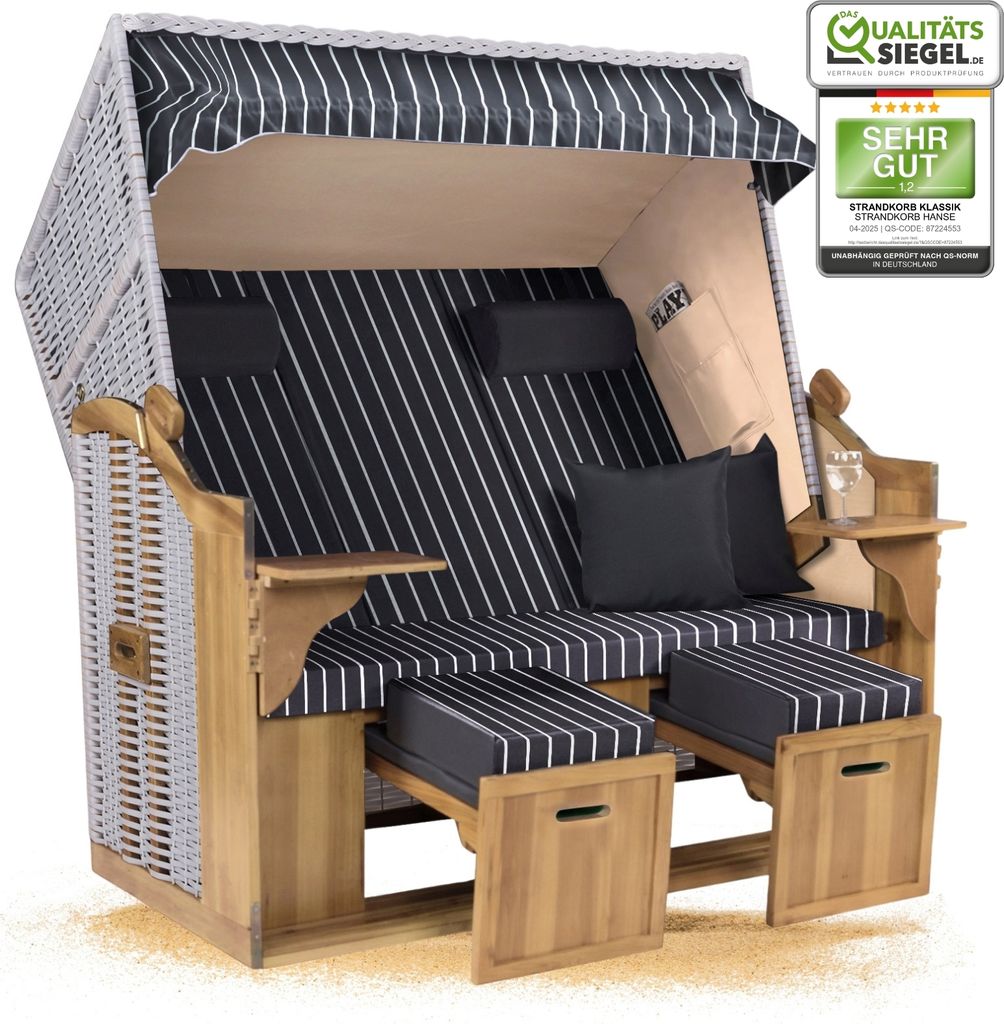 Strandkorb Ostsee 2,5-Sitzer 150cm breit in Beige Grau Weiß Produktbild 