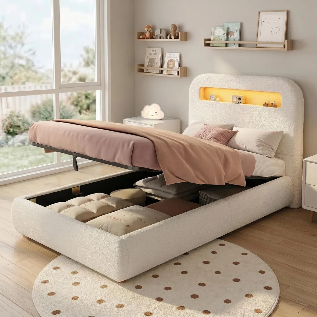Lit enfant 90x200cm tissu bouclé blanc avec sommier et LED intégrée