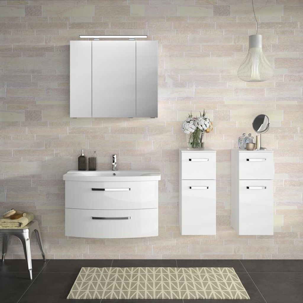 PELIPAL Serie 4010 Bad Möbel Set (3 teilig) / Weiß Hochglanz , Spiegelschrank , Keramikwaschtisch , Unterschrank, LED Beleuchtung