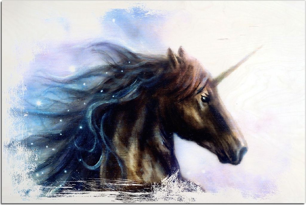 Kunstdrucke Wandbilder Holz in : Brillante Farben, Größe 60 x 90 cm Motiv Einhorn gezeichnet auf Leinwand