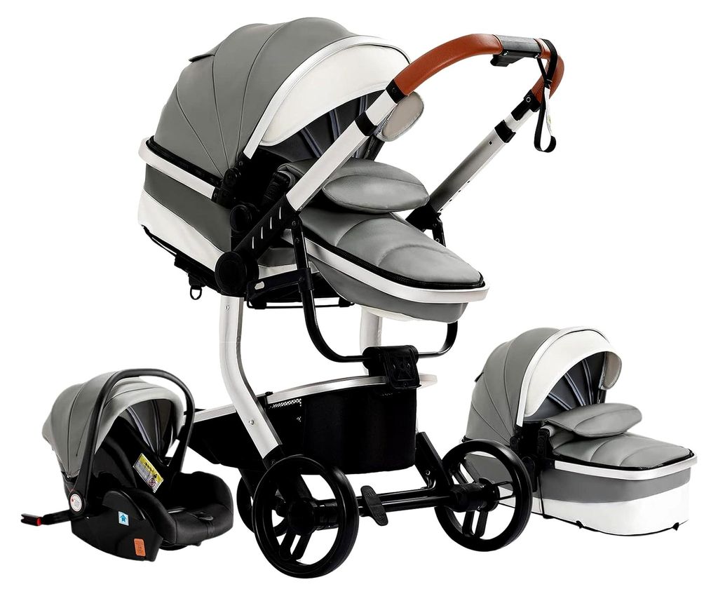 3-in-1 Kinderwagen mit faltbarem tragbarem Design, Buggy mit umkehrbarem Schieber, Komplettset mit Zubehör für hohe Landschaft (grau)
