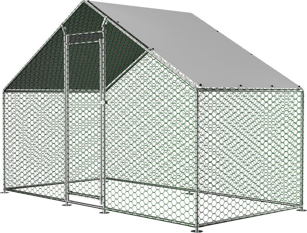 Hühnerstall Freilaufgehege Silber 3x1,5x2 m mit Sicherheitsschloss & wasserdichtem PE-Dach, Metall Kleintiergehege