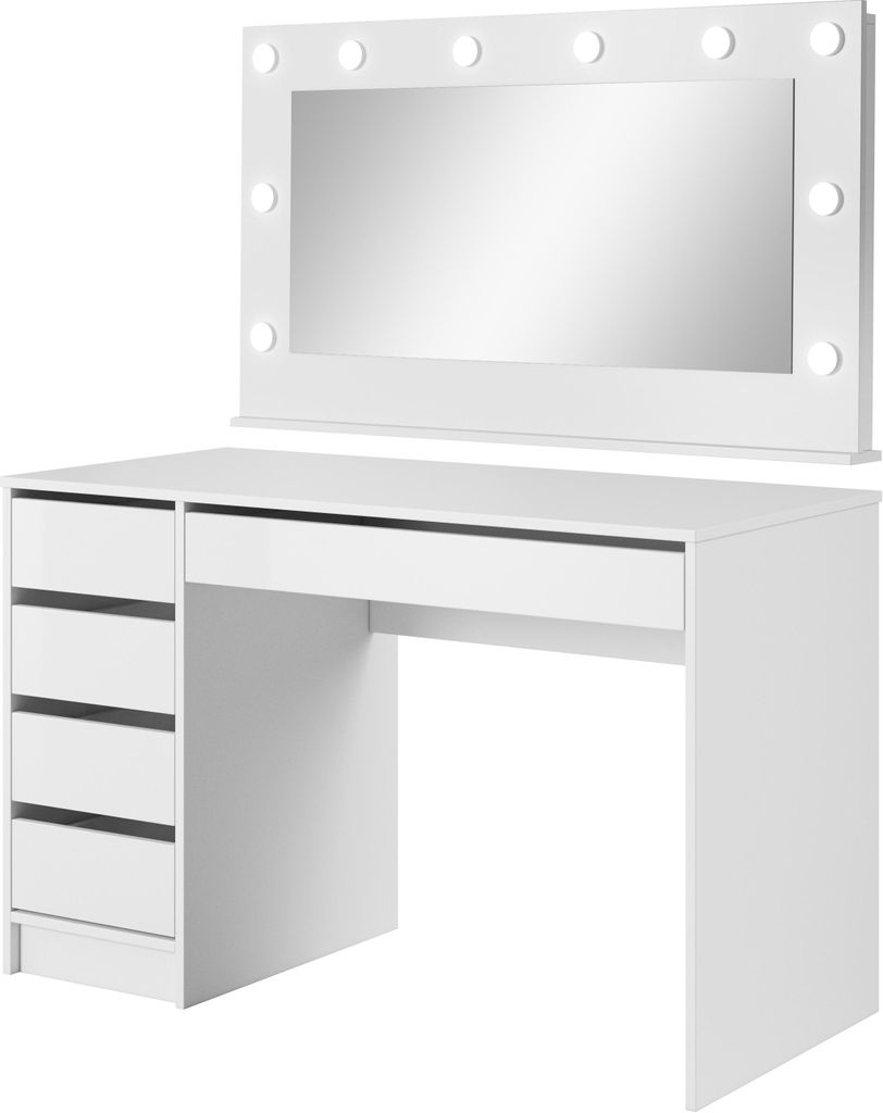 Schminktisch 120 cm mit Spiegel und LED-Beleuchtung – Weiß Hochglanz, 5 Schubladen, Universell Links oder Rechts Montierbar – Frisiertisch fü...