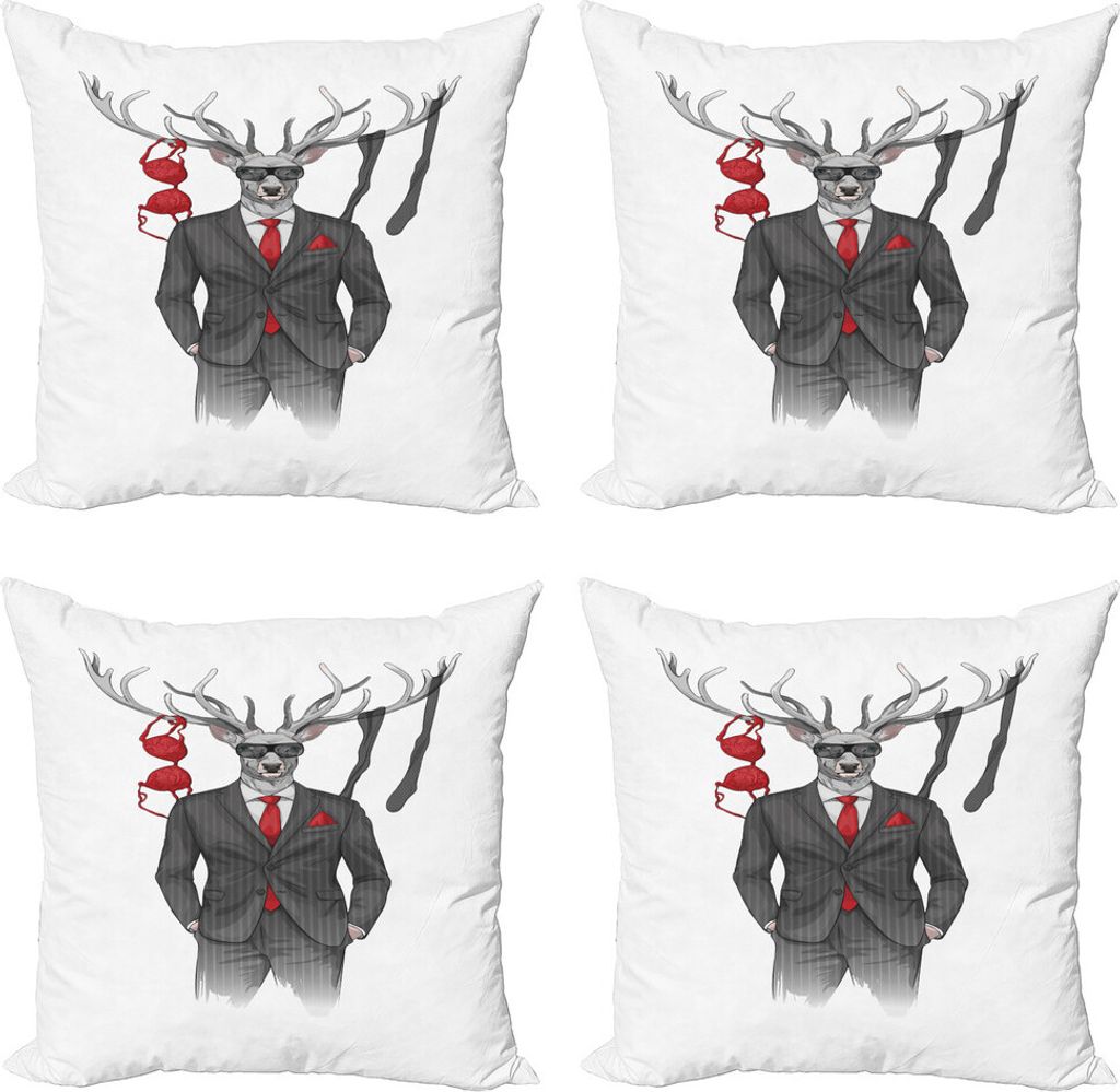 ABAKUHAUS Hipster Kissenbezug Set (4 Stück), Womanizer Deer in Anzug Kunst, Moderner Doppelseitiger Digitaldruck, 60 cm x 60 cm, Grau Pale Taupe