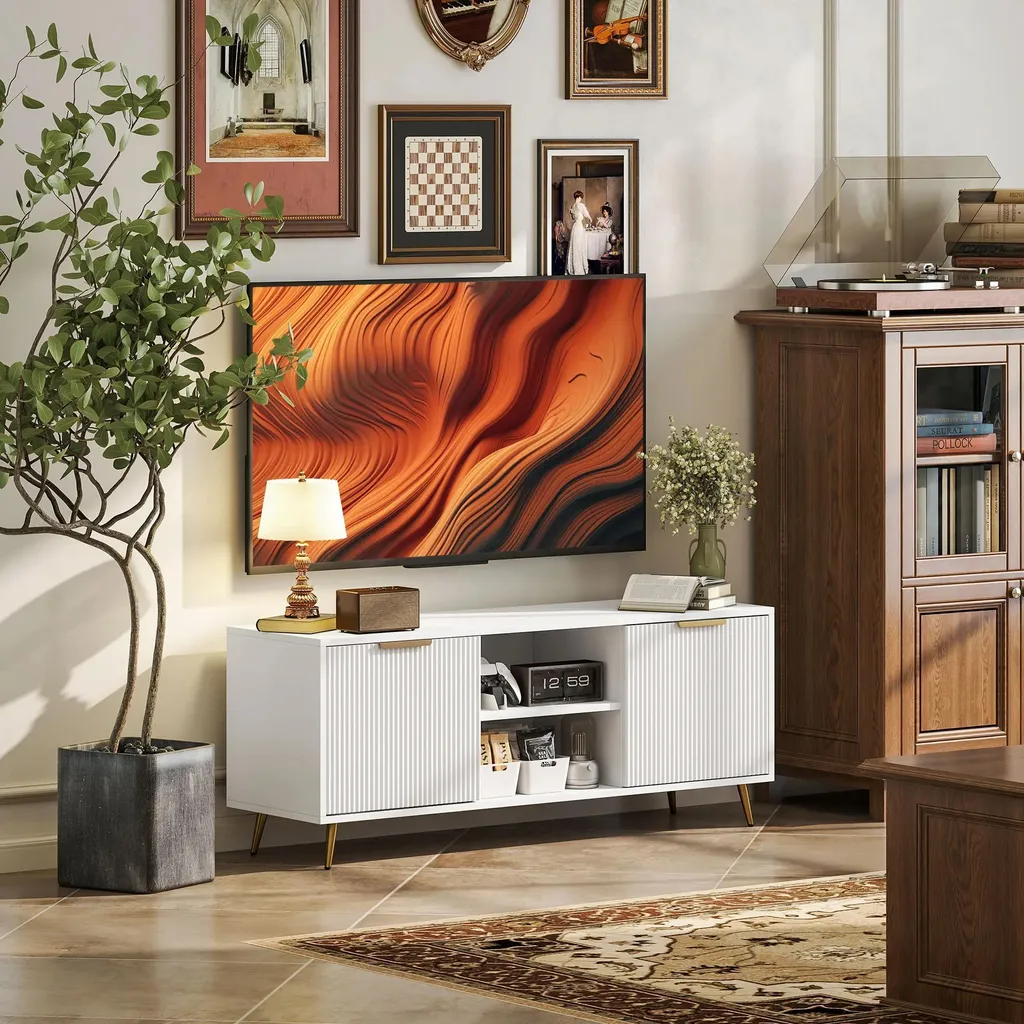 Buffet TV Blanc de Style Moderne - Meuble de Salon Bas avec Rangements