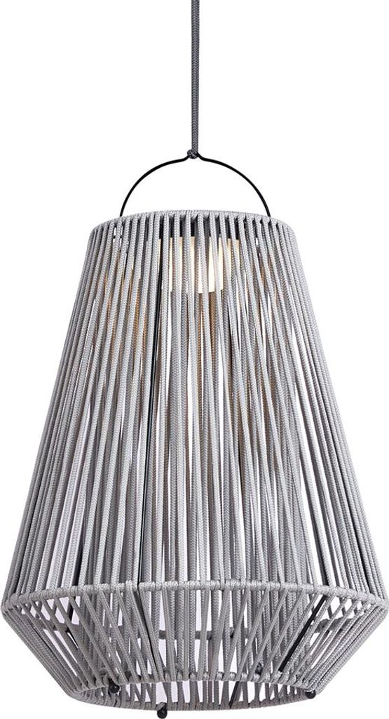 A gray pendant lamp with a woven rope shade.