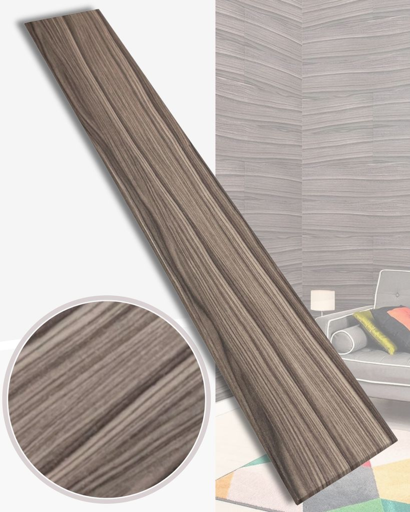 A single plank of wood-look paneling is shown diagonally against a white background, with a close-up inset of the wood grain. The background also shows a blurred interior scene with furniture and a wall covered in similar paneling.