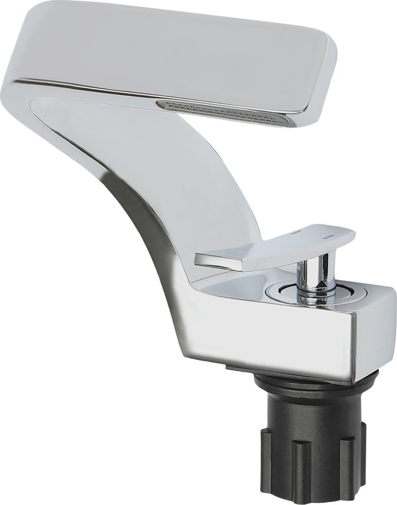 A chrome-finished faucet with a black base, isolated on a white background.
