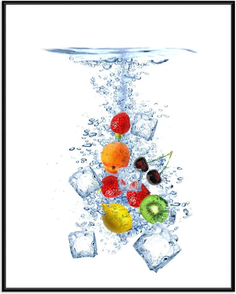 Wallario Wandbild Obst-Eiswürfel-Mix im Wasser mit weißem Produktbild 