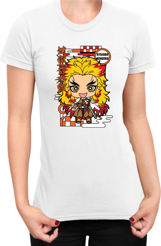 Damen T-Shirt Demon Anime Slayer Kimetsu No Yaiba Chibi Kyojuro Rengoku, Lady S / Weiß