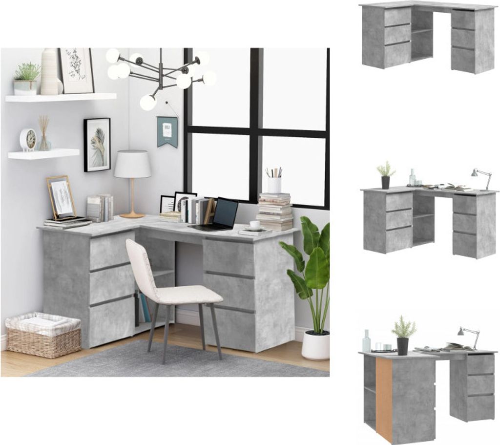A collage of images showing a corner desk in a concrete gray finish, with different angles and arrangements.
