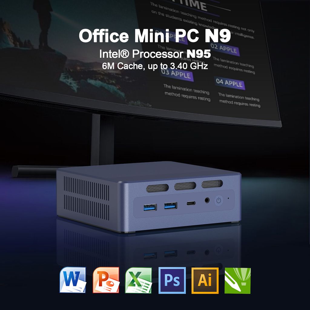 GXMO N9 Mini-PC-Desktop-Computer mit Intel ADL-N N95-Prozessor, 8 GB LPDDR5-RAM und 256 GB SSD-SATA-Speicher, unterstuetzt Dual-Bildschirm, 4K-Aufl...