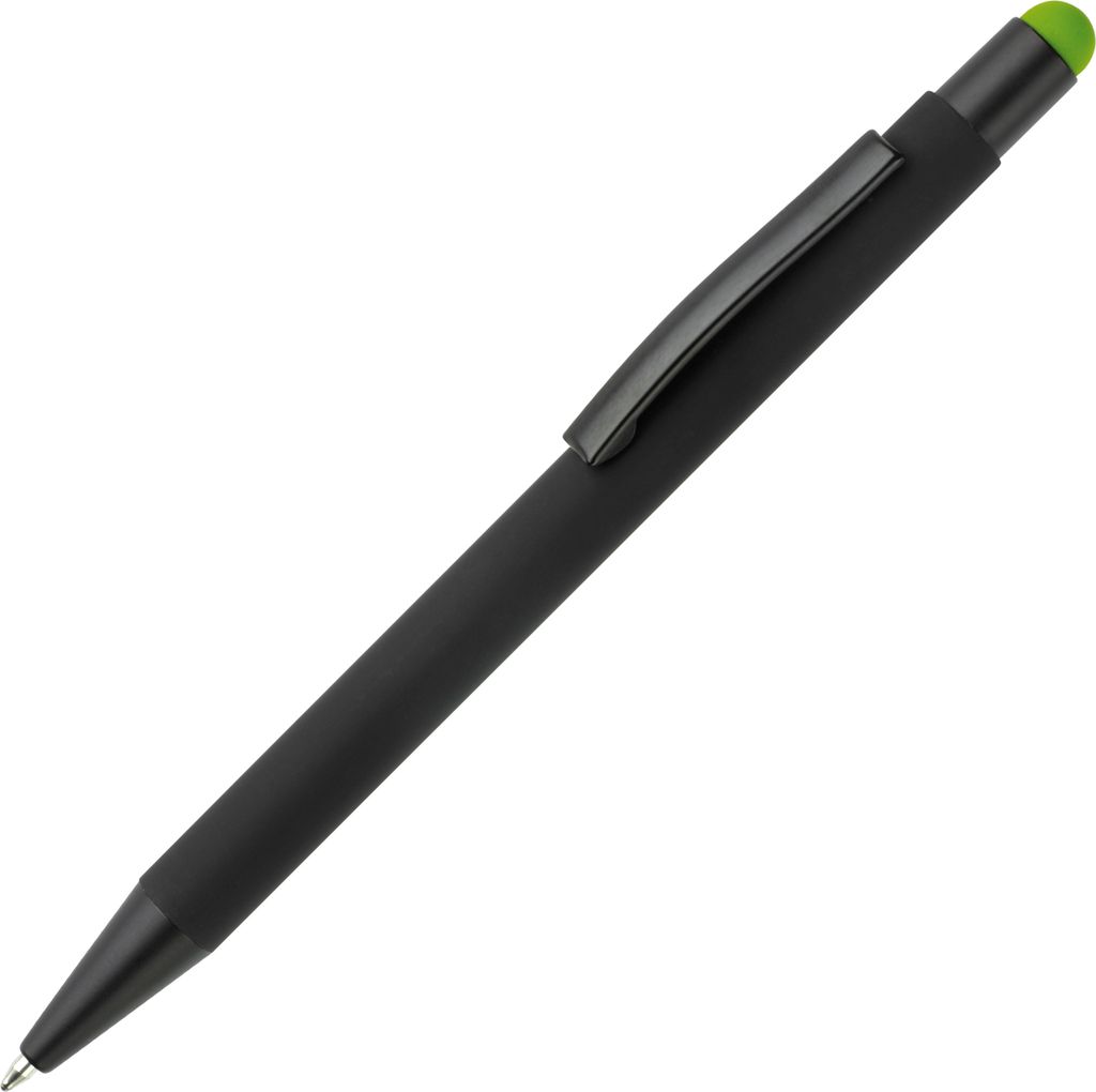 5x Touchpen Kugelschreiber / aus Metall / Farbe: schwarz mit hellgrünen Stylus