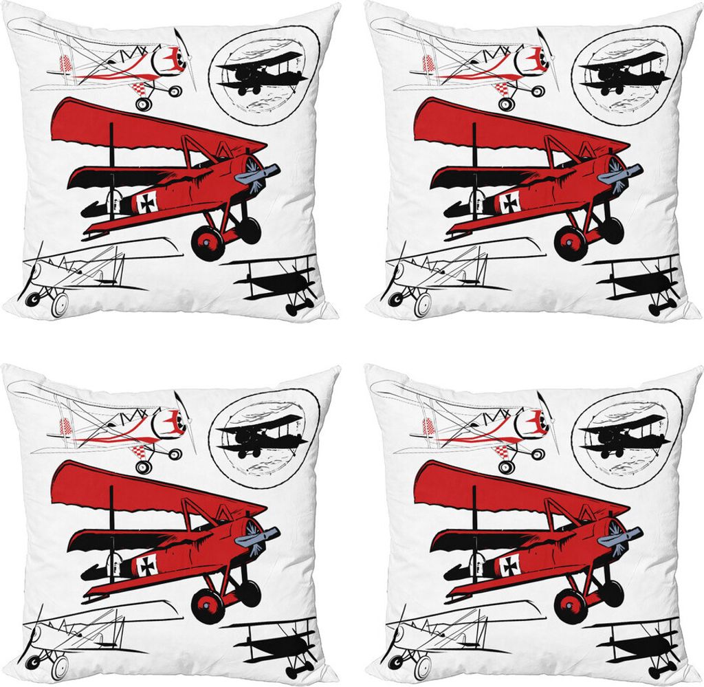 ABAKUHAUS Weinlese-Flugzeug Kissenbezug Set (4 Stück), Biplanes Set, Moderner Doppelseitiger Digitaldruck, 60 cm x 60 cm, Rot, Weiß, Schwarz