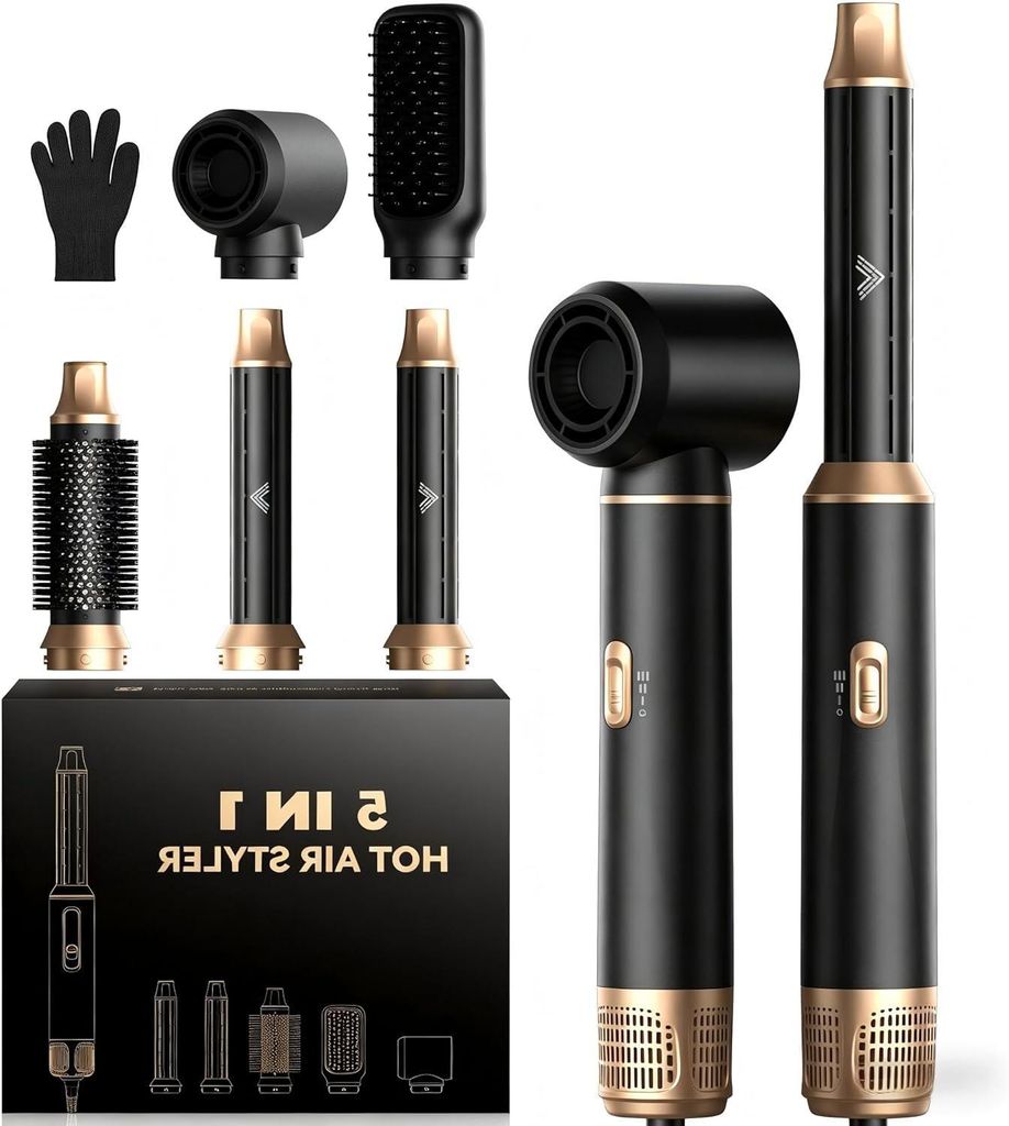 5 in 1 Air Styler Set 5 in 1 Haarstyler Set Mit Rundbürstenföhn Warmluftbürste Föhn Lockenstab Für Glätten, Trocknen, Volumen, Locken, Gesche...