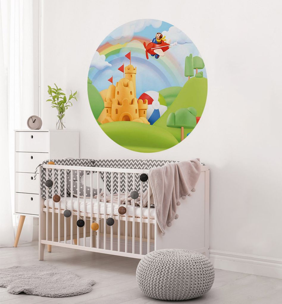 Fototapete buntes Schloss mit Regenbogen rund, Material:Premium Vlies 150g/qm, Größe Tapete:130cm rund