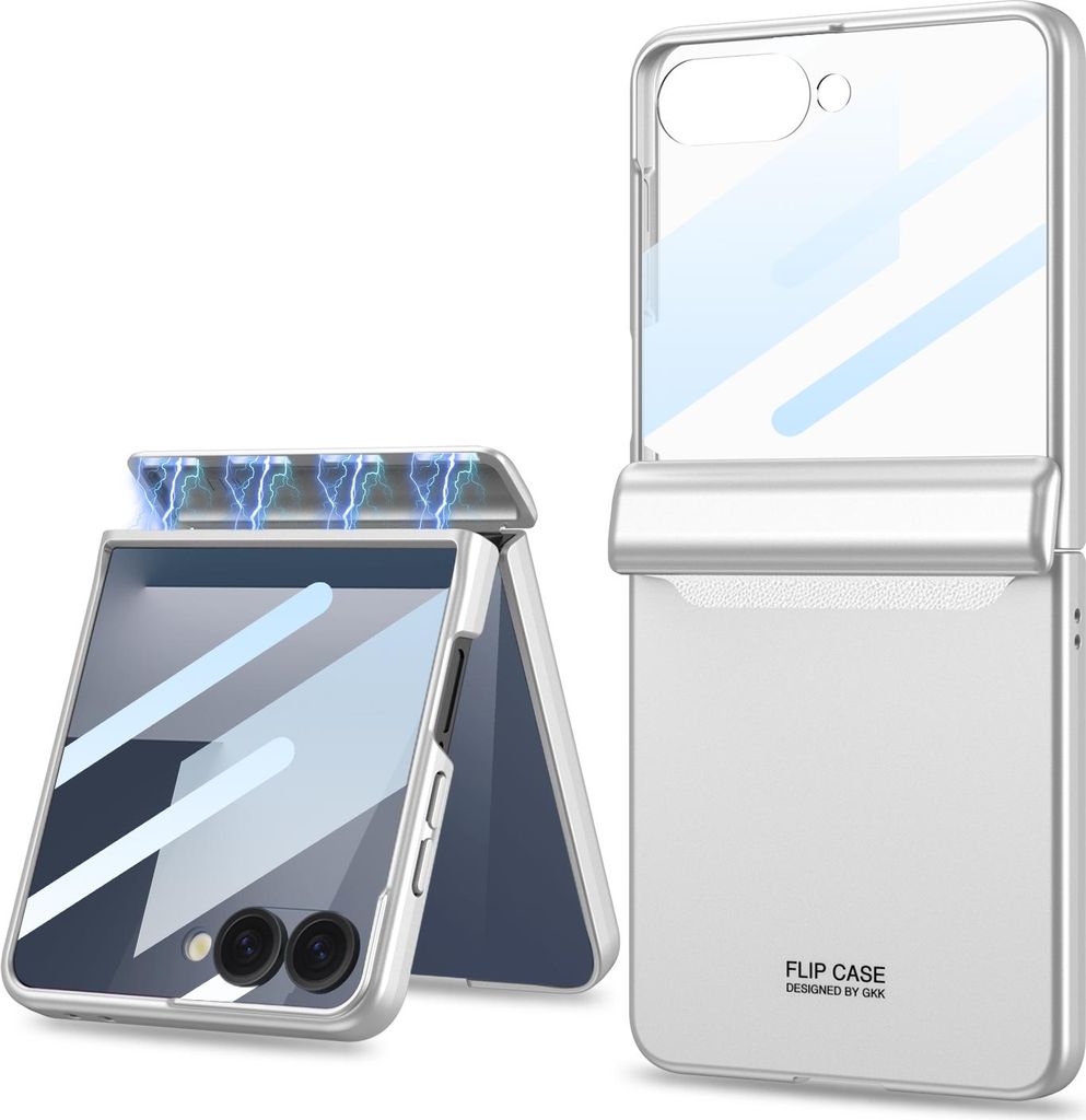 Hülle für Samsung Galaxy Z Flip 7 Magnetische Scharnierschutz Hartes PC mit Displayschutz All-Inclusive Schutzhülle Silber