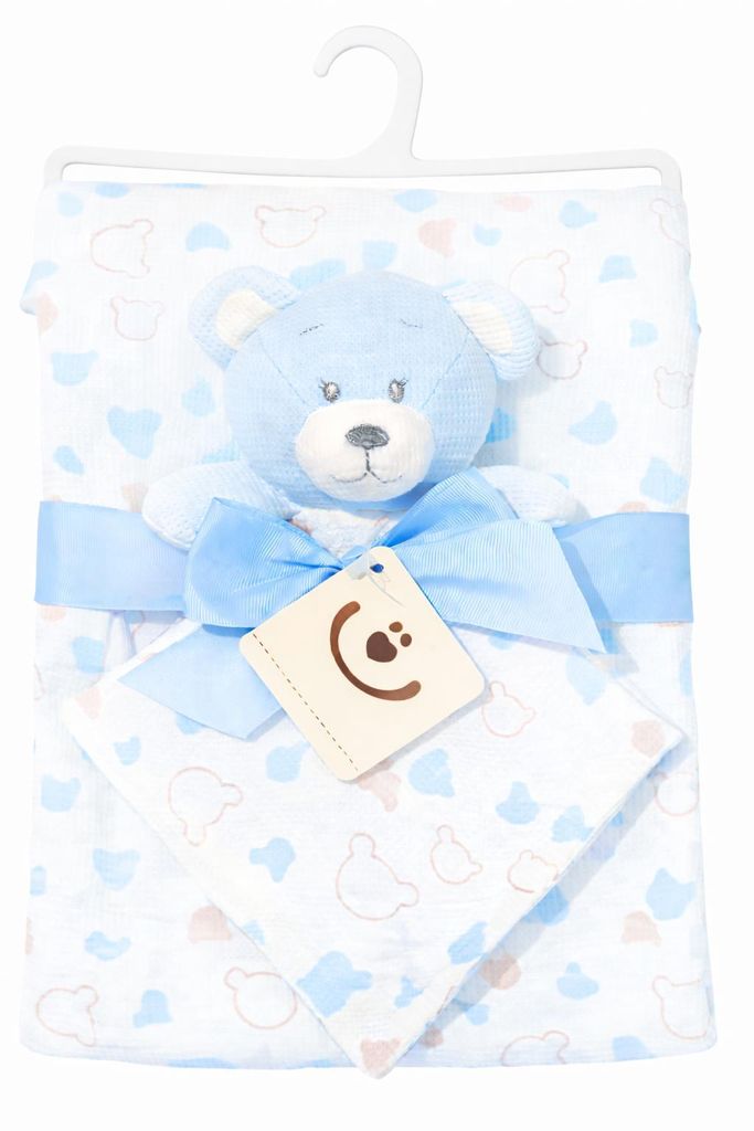 Botobaby Set – doppellagige Babydecke 75 x 100 cm und Schmusetuch 27 x 27 cm Bär, 100% Baumwolle