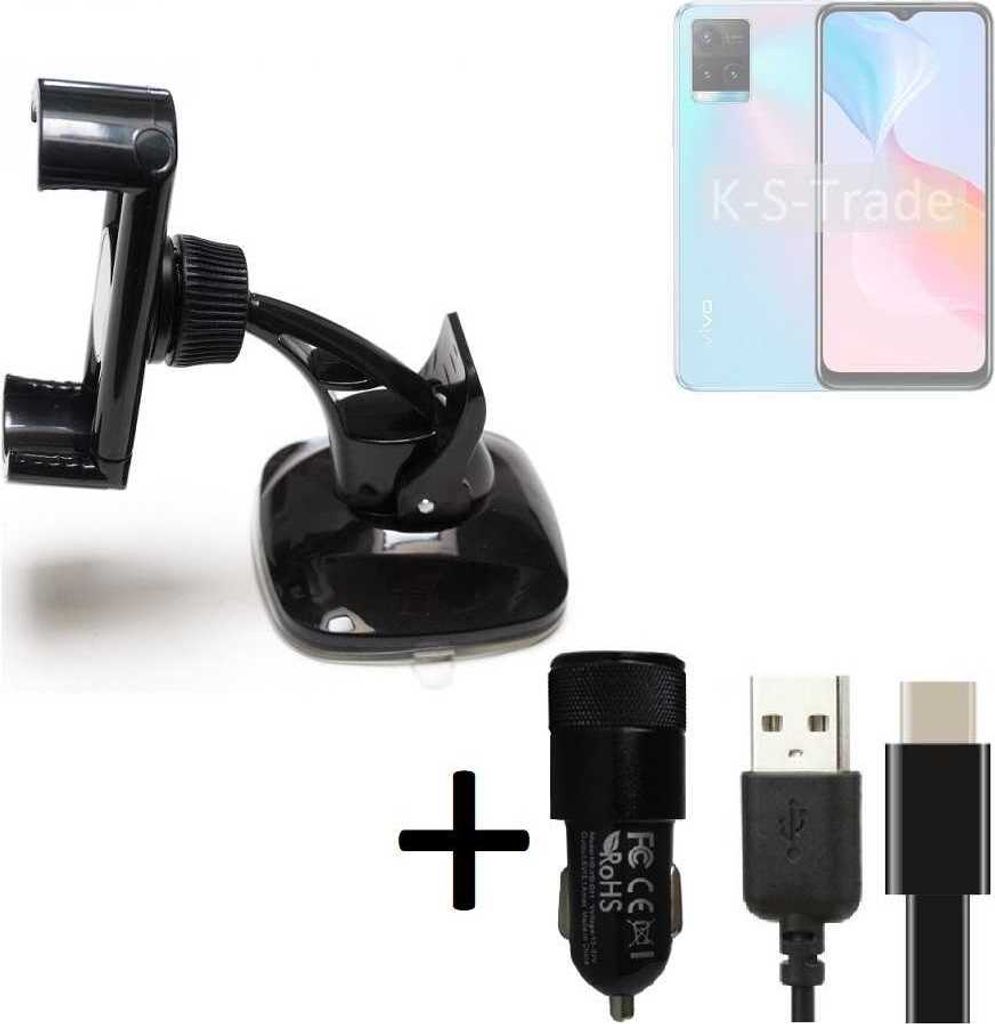 K-S-Trade Handy-Halterung kompatibel mit Vivo Y21s Windschutzscheibe / Armaturenbrett + LADEGERÄT mit Mico USB Kabel Autohalterung Scheiben-Halterung