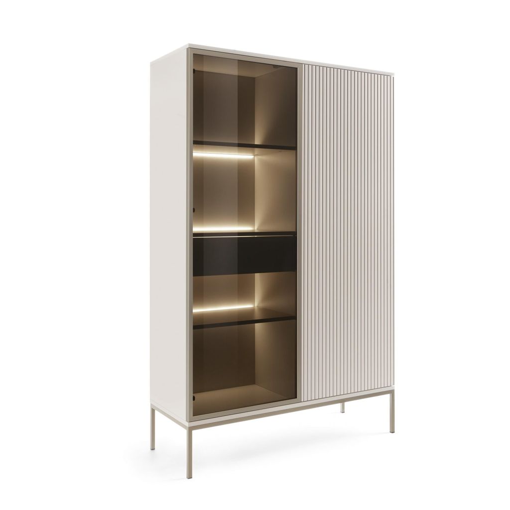 A modern vitrine cabinet with glass doors and LED lighting.