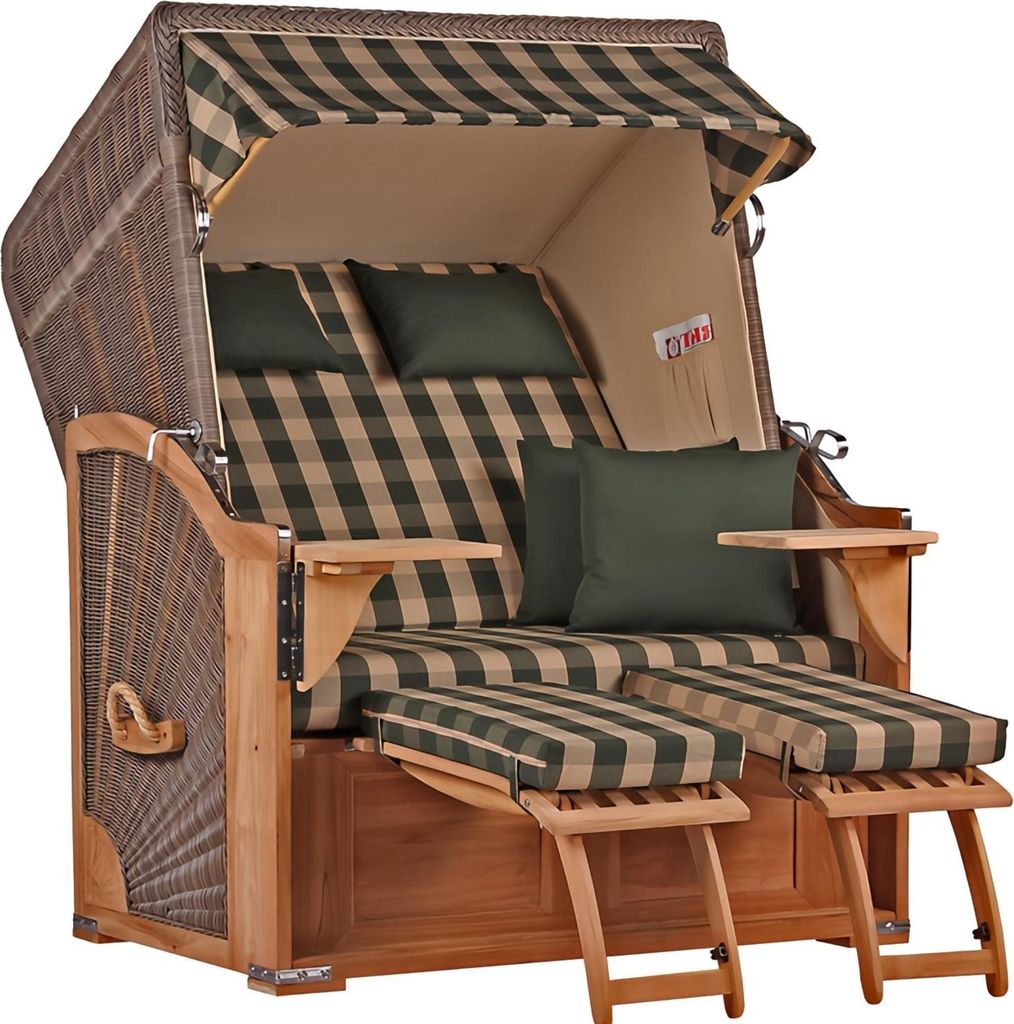 Strandkorb 2 Sitzer Teakholz wetterfest Volllieger PE-Geflecht für Garten
