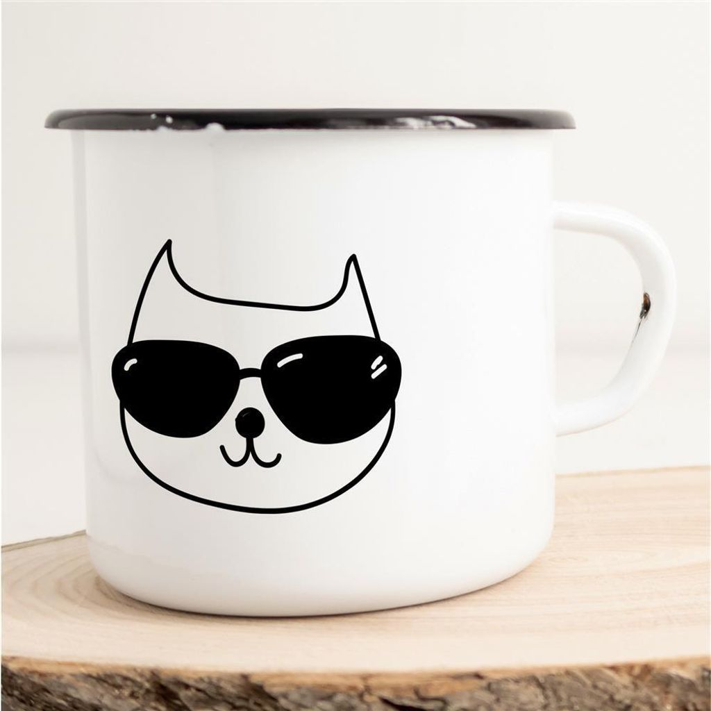 Huuraa Emaille Tasse Katze Sonnenbrille Geschenk Kaffeebecher Vintage 300ml Katze Sonnenbrille Präsent