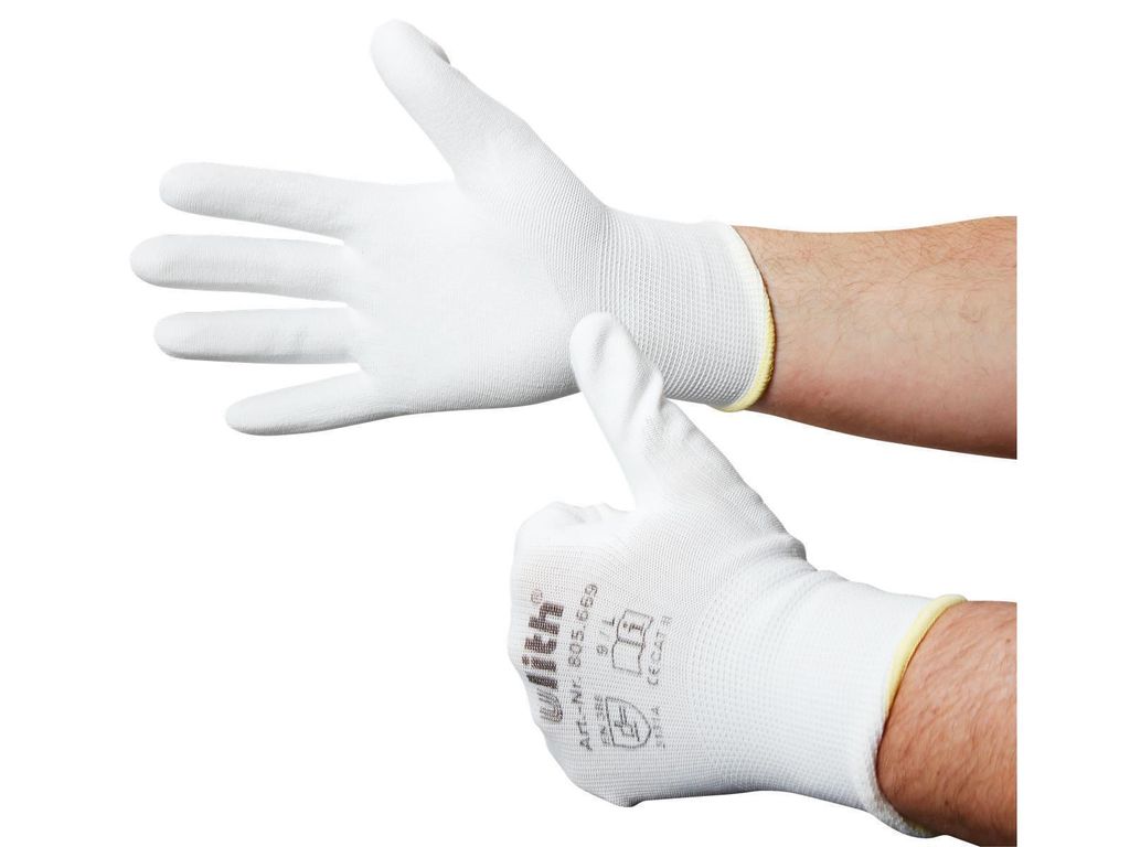 Robuste Feinstrick Montagehandschuhe mit PolyurethanBeschichtung für sicheren Halt und präzises Arbeiten, Größe 8, Weiß, 1 Paar