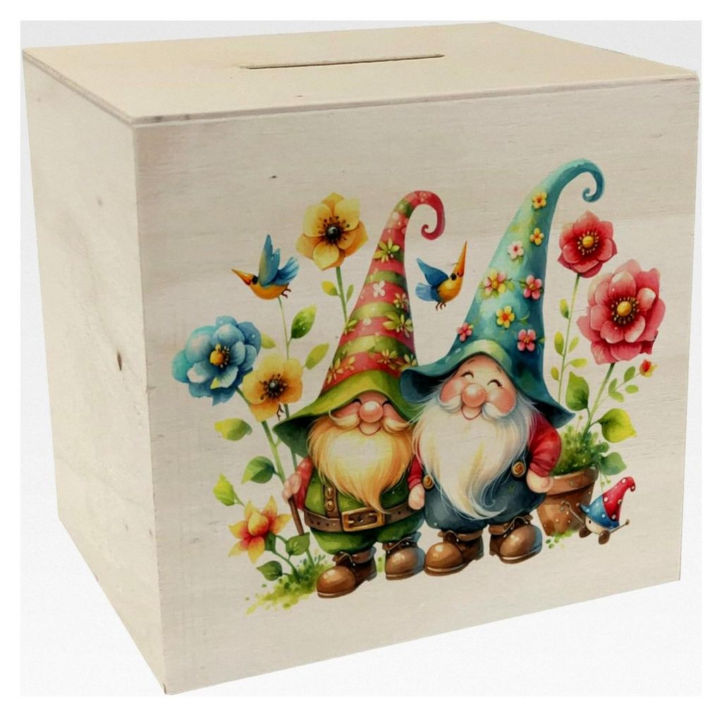 Gartenzwerge mit Blumen Spardose aus Holz für den Garten