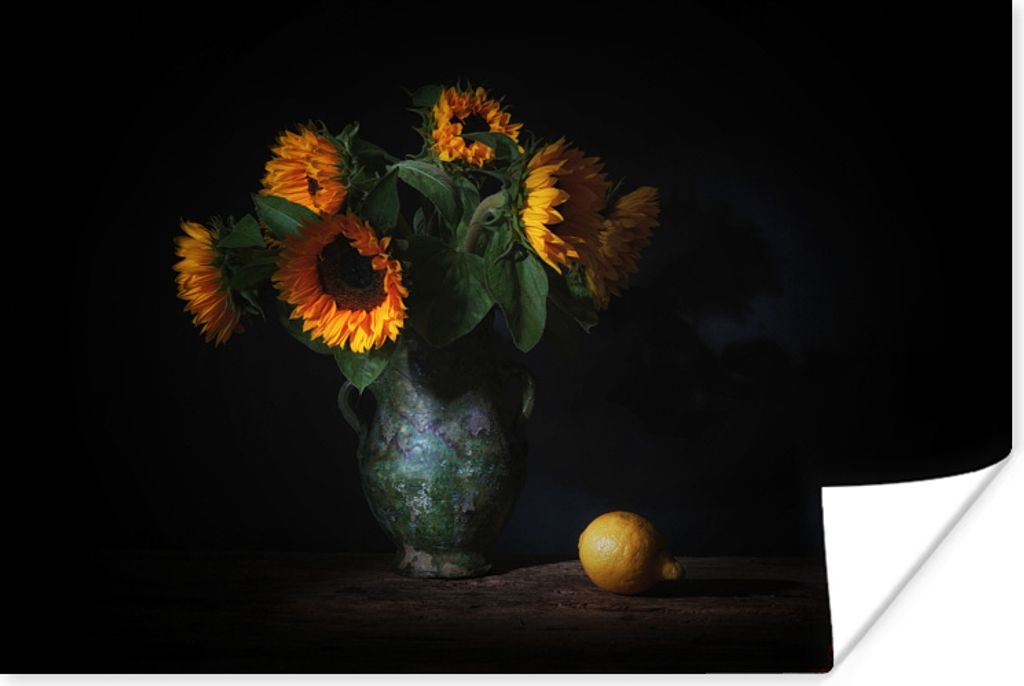 MuchoWow Poster Sonnenblumen - Stilleben - Malerei - Blumen - Schwarz - Kunst 90x60 cm - Schlafzimmer