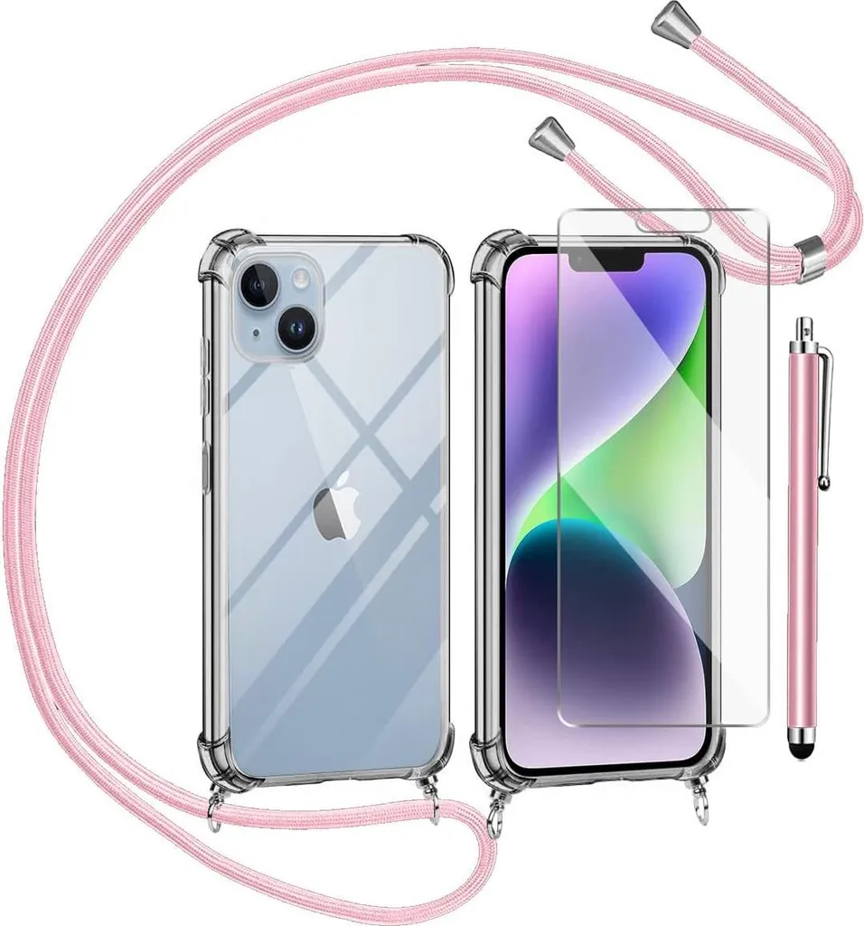 Cover iPhone 14 Plus Rosa con Cordino Stiletto | Vetro Luxury