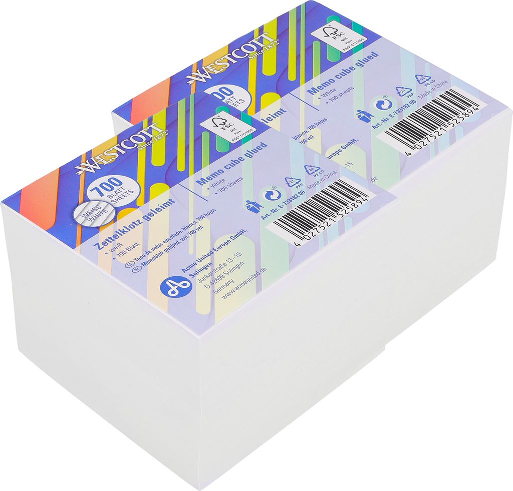 Westcott Notizzettel weiß 700 Blatt (2er-Set) | 2 x Zettelblock geleimt mit 9 x 9 cm großen Blättern in weiß |es Papier 80g/m² | E-1733182 00