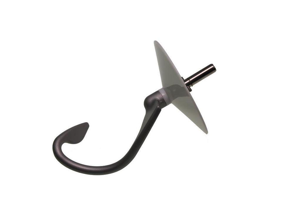A black dough hook attachment for a kitchen mixer, shown against a white background.