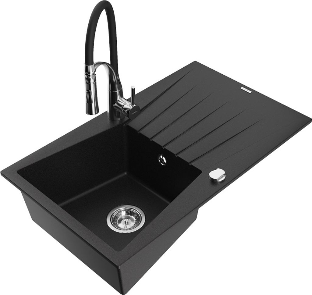 Mexen Cesar 1 Becken-Granitspüle mit Abtropffläche und Mischbatterie Aster, Schwarz - 6514-77-73450-07