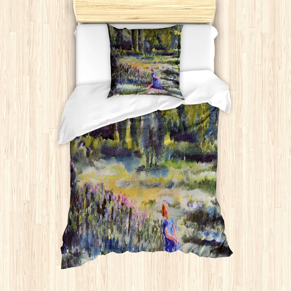 ABAKUHAUS Set copripiumino artistico per letti singoli, dipinto paesaggistico naturale, antiacaro, adatto a chi soffre di allergie, con federa, 135 cm x 200 cm - 80 x 80 cm, multicolore