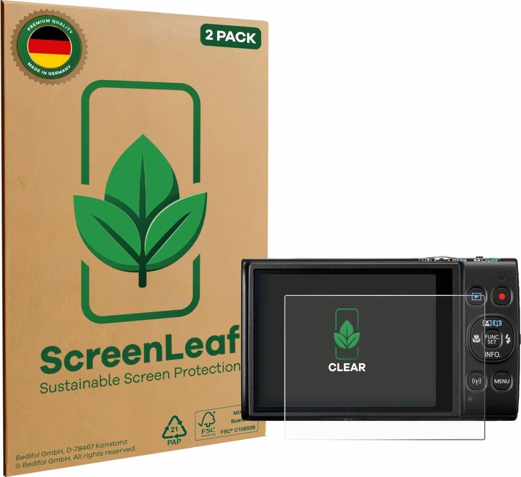 2x ScreenLeaf Schutzfolie für Canon Digital Ixus 285 hs nachhaltiger Displayschutz Display Schutz Folie Klar Transparent