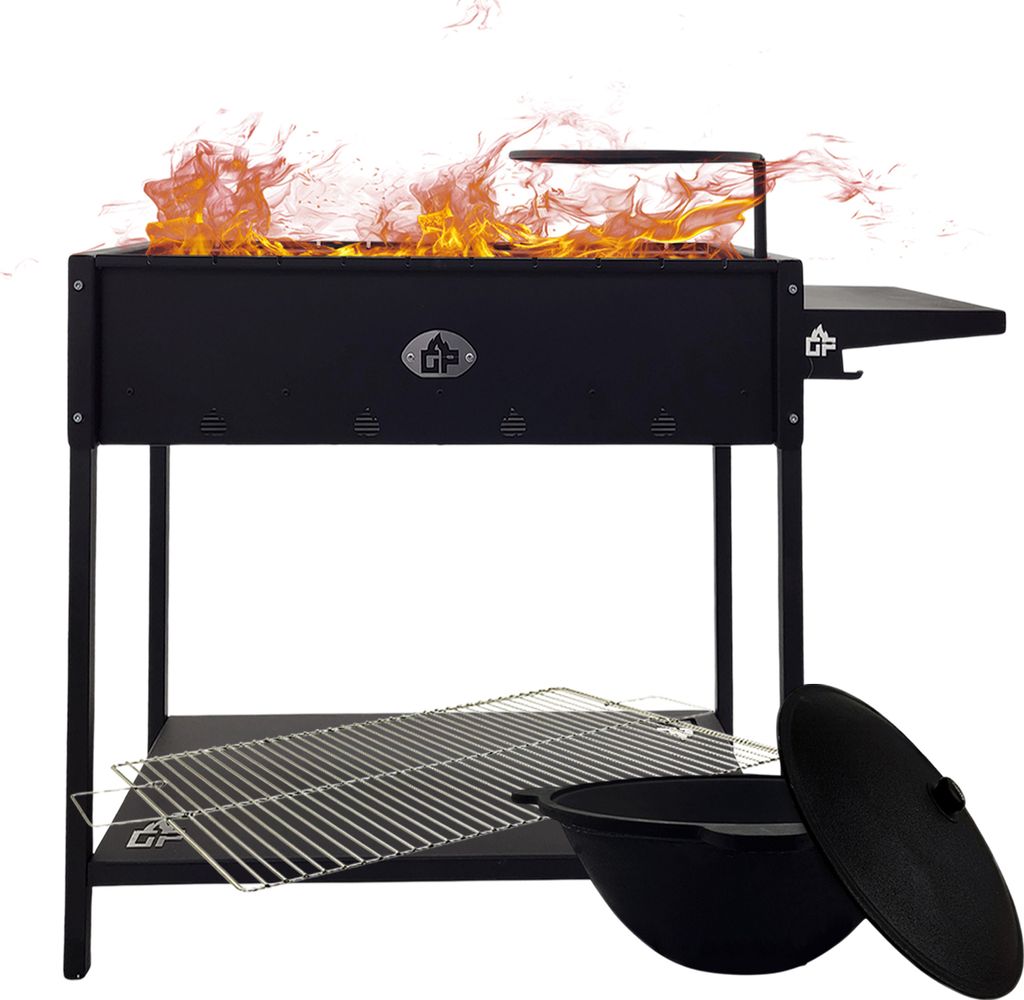 A black barbecue grill with flames on top, a grill rack on the bottom shelf, and a cast iron pot with a lid next to it.