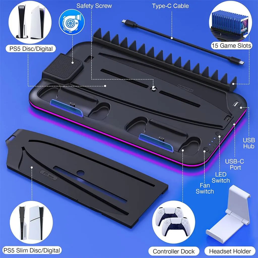 Support Vertical PS5 et PS5 Slim avec Double Station de Charge Noir - 15