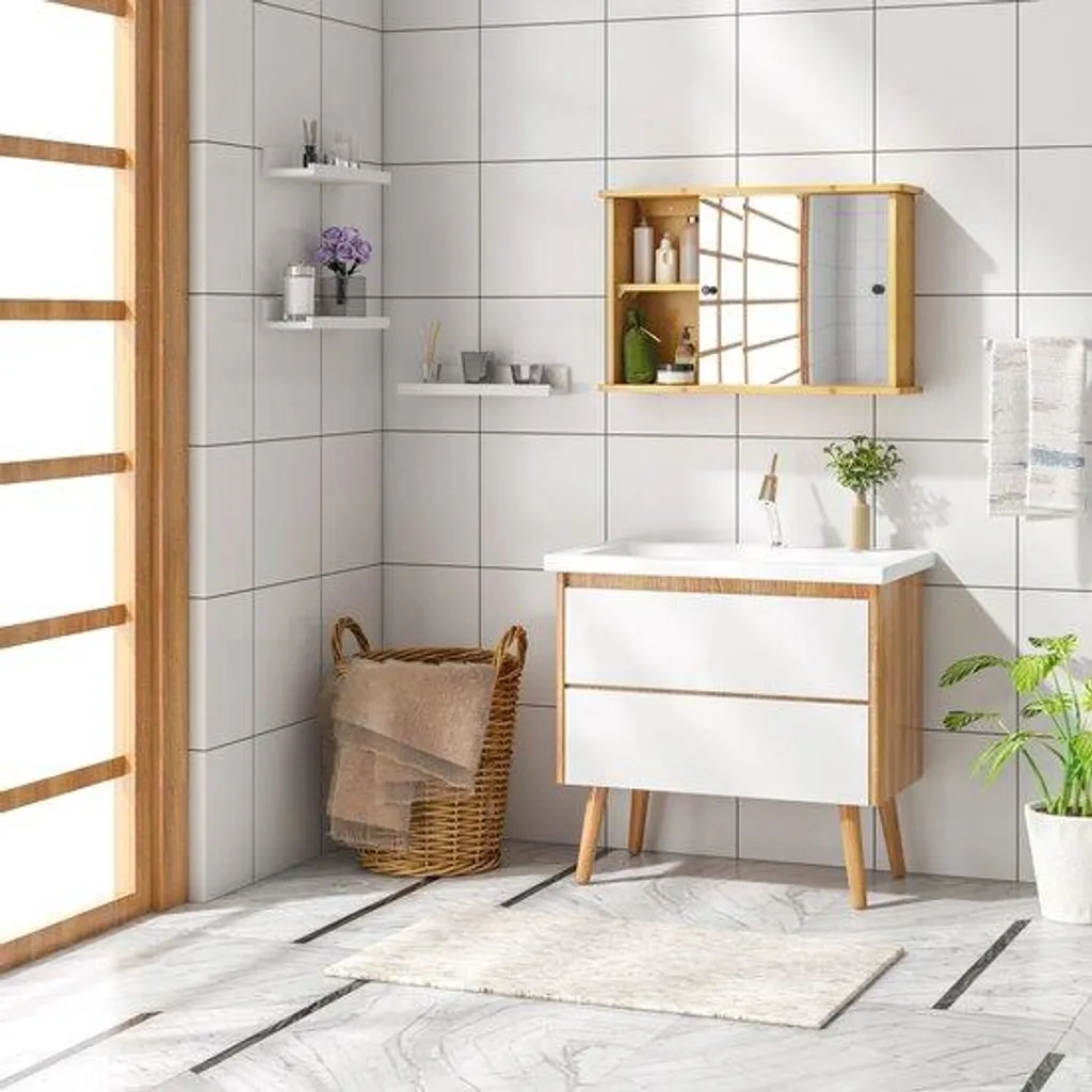 Miroir de salle de bains avec étagère cachée coulissante en bambou