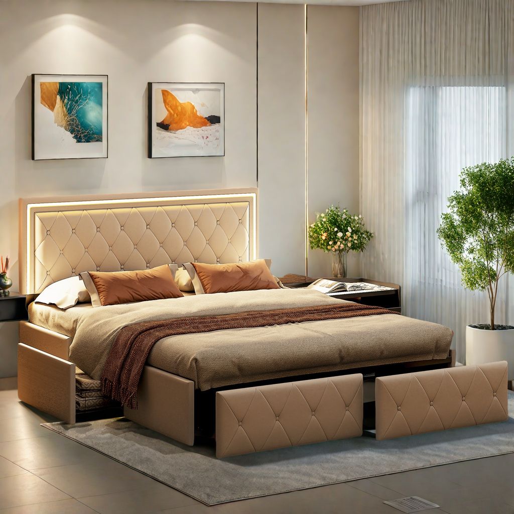 Doppelbett 140x200 cm, LED-Kopfteil, Polsterbett mit 4 Schubladen, Bett mit Lattenrost und Metallrahmen, Polsterbett mit höhenverstellbares Kopfte...