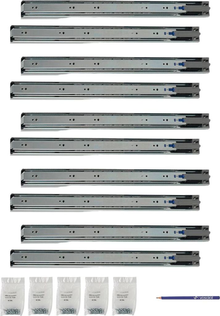 Schubladenschienen 500mm softclose Kugelführung - Vollauszug mit integrierter Dämpfung, 32-Systemlochung - 5 Paar