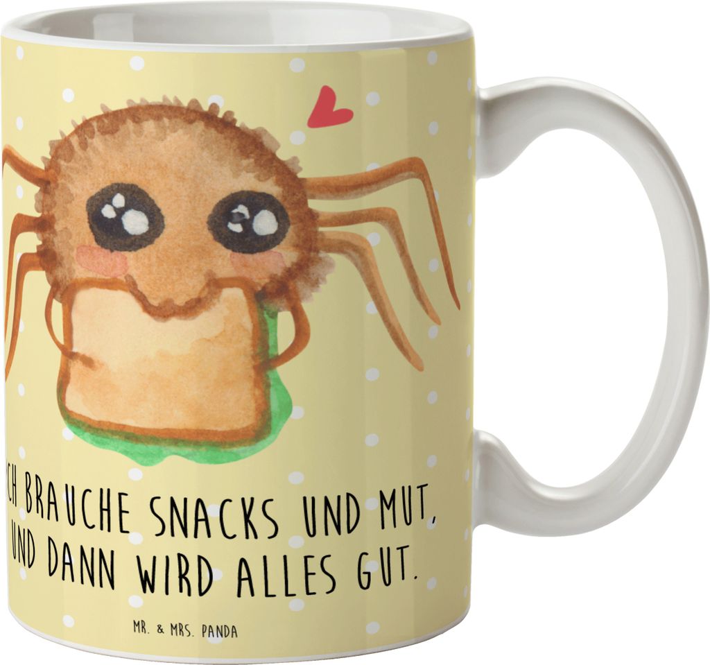 Mr. & Mrs. Panda Kaffeebecher Spinne Agathe Sandwich - Gelb Pastell - Geschenk, Bürotasse, Alles Wird gut, Verfressen, Hunger, Becher, Lebensfreud...