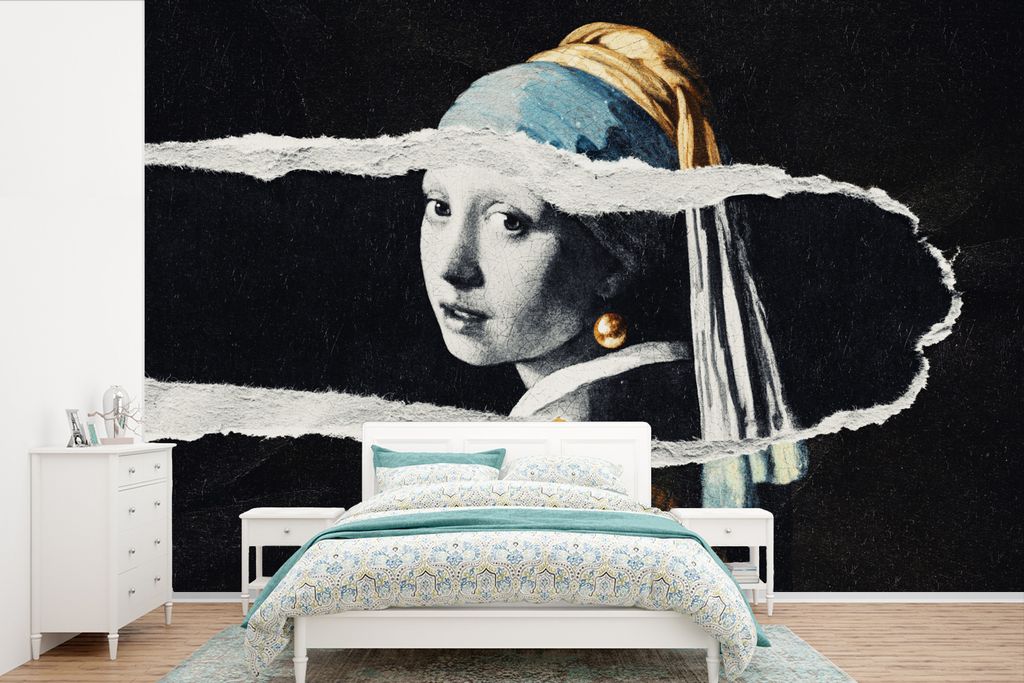 MuchoWow Fototapete für Wohnzimmer oder Schlafzimmer Wandtapete Vinyl Motivtapete Mädchen mit Perlenohrring - Gold - Vermeer - Schwarz - Weiß ...