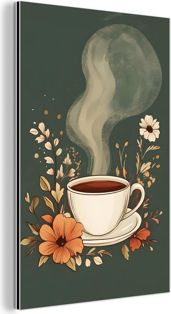 MuchoWow Wanddekoration Metall Metallbild Wandkunst 80x120 cm Tasse - Blumen - Grün - Kaffee MuchoWow Aluminium Gemälde - Bilder