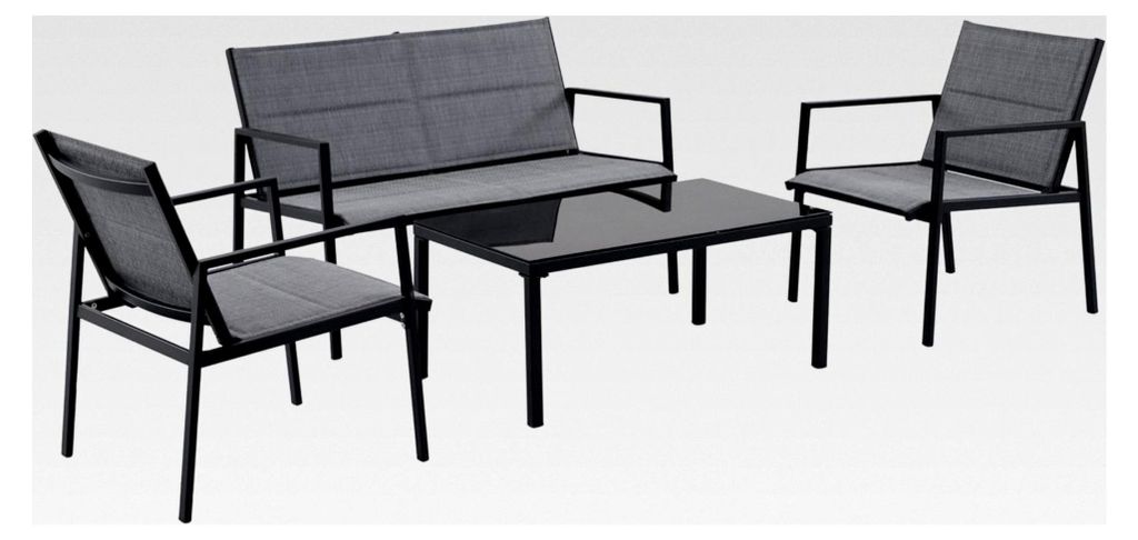4-teiliges Outdoor Loungemöbel Set, Stahl/Textilene, 2 Einzelstühle, 1 2-Sitzer Sofa, 1 Couchtisch, für Garten und Balkon, Schwarz/Grau