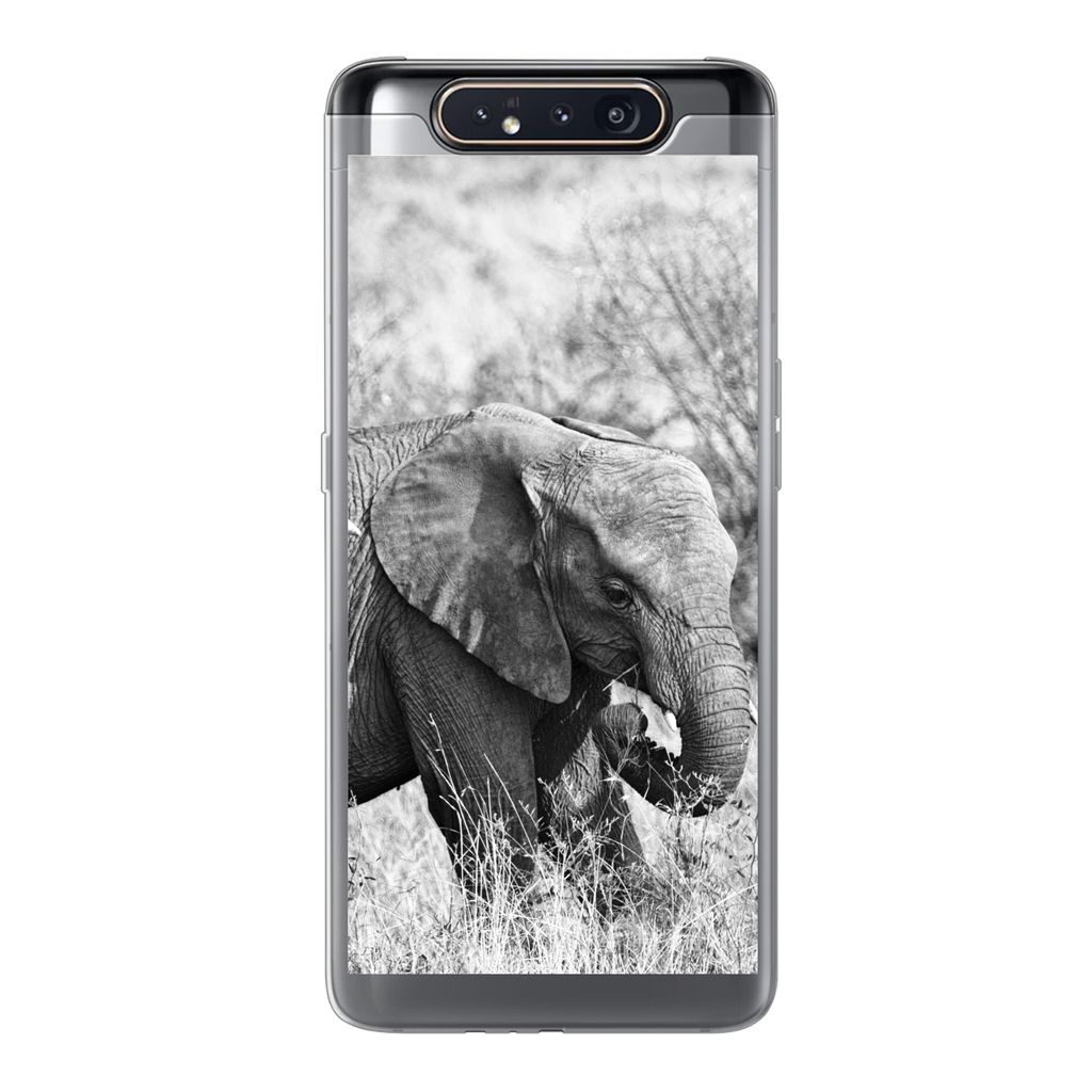 MuchoWow Handyhülle Schutzhülle Hülle für Samsung Galaxy A80 Elefant - Tiere - Gras - Schwarz und weiß Silikon Softcase Handy Hülle - Schut...